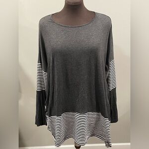 Gray, Black and White Striped Long Sleeve Top with side seam pockets